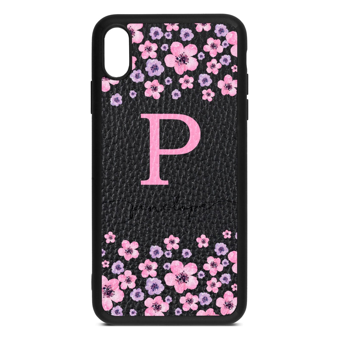 Personalised Pink Floral Black Pebble Leather iPhone Xs Max Case