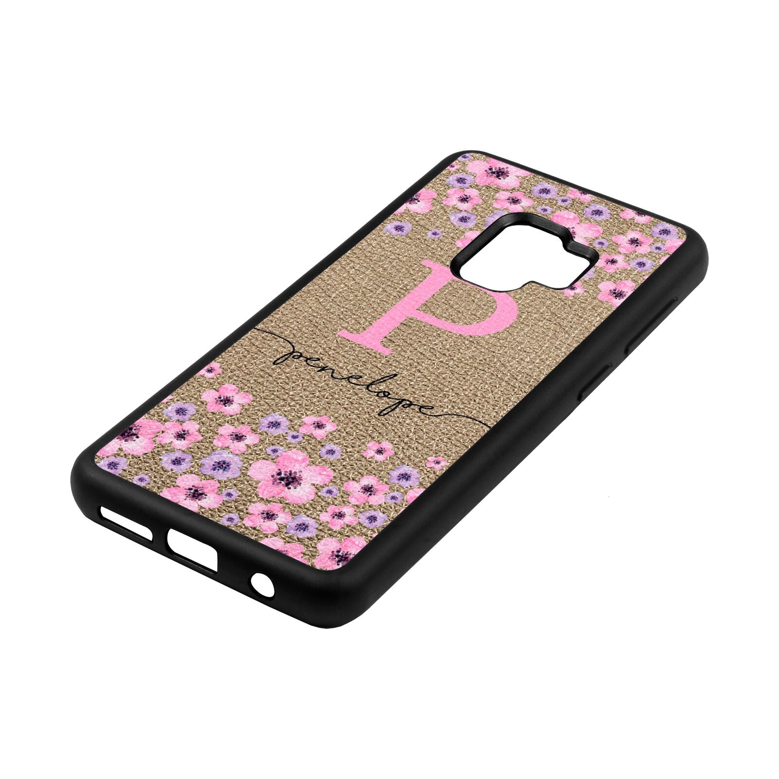 Personalised Pink Floral Gold Pebble Leather Samsung S9 Case Side Angle