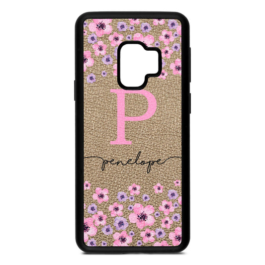 Personalised Pink Floral Gold Pebble Leather Samsung S9 Case