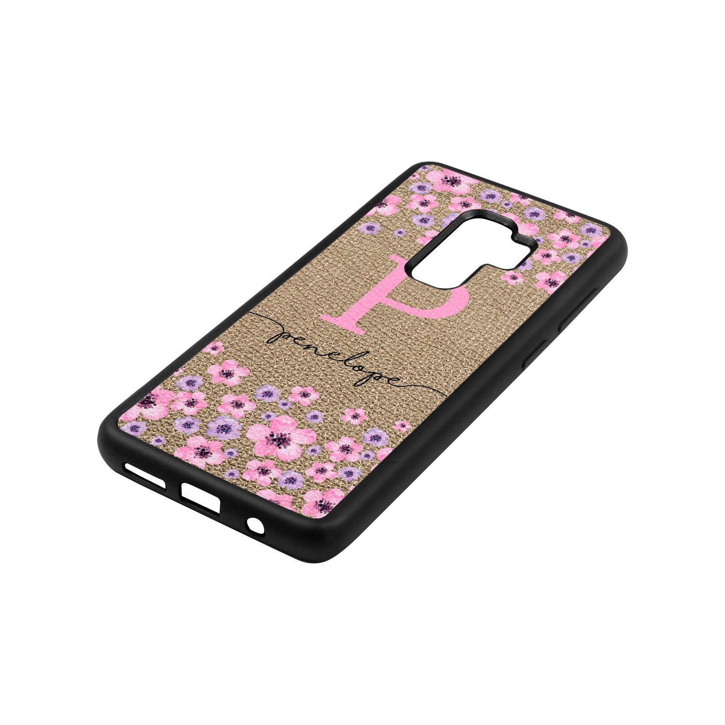Personalised Pink Floral Gold Pebble Leather Samsung S9 Plus Case Side Angle