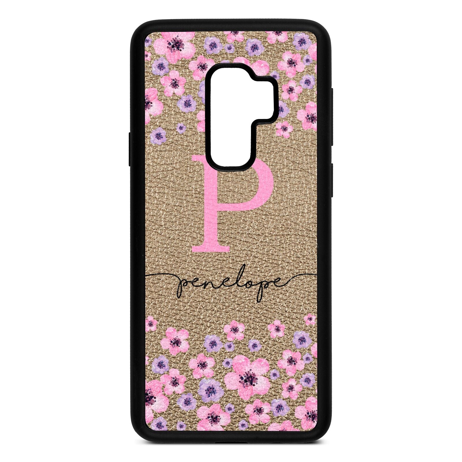 Personalised Pink Floral Gold Pebble Leather Samsung S9 Plus Case