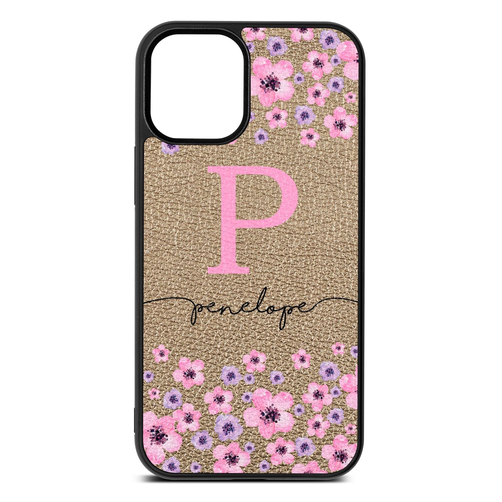 Personalised Pink Floral Gold Pebble Leather iPhone 12 Mini Case