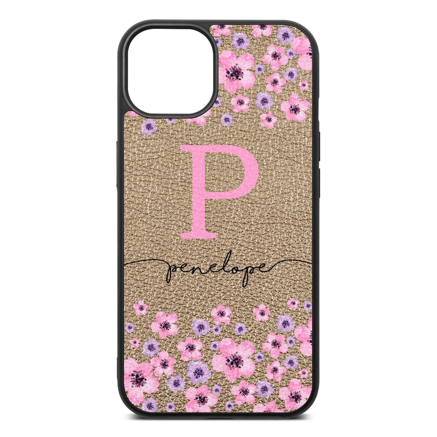 Personalised Pink Floral Gold Pebble Leather iPhone 13 Case
