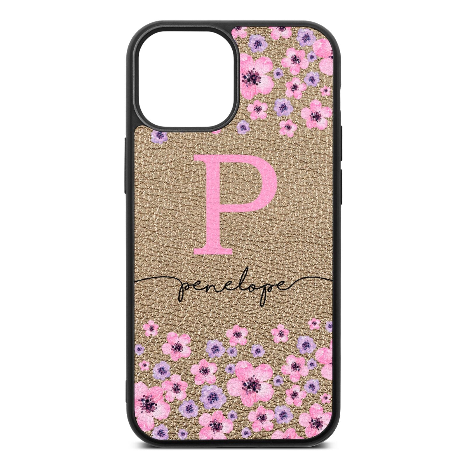 Personalised Pink Floral Gold Pebble Leather iPhone 13 Mini Case