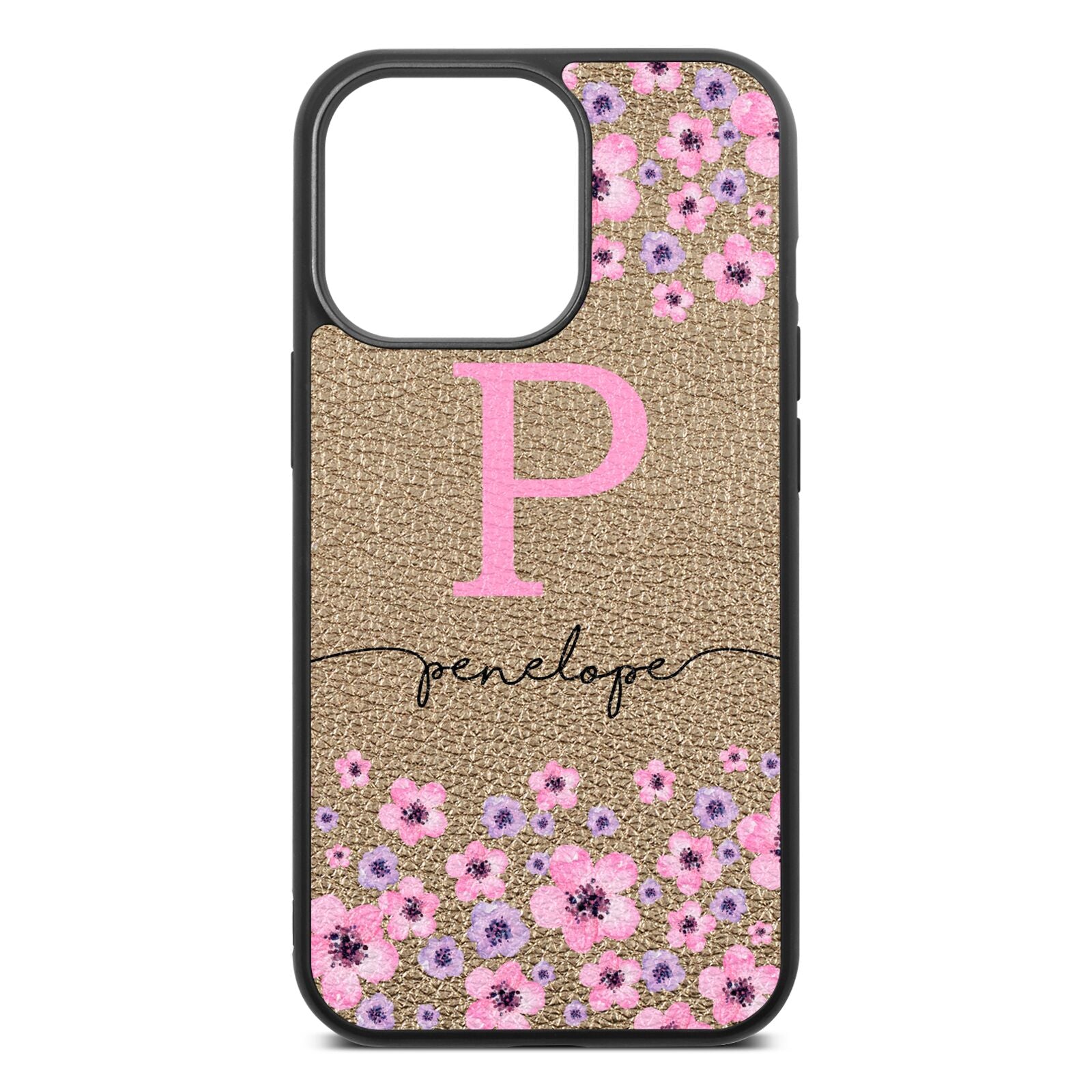 Personalised Pink Floral Gold Pebble Leather iPhone 13 Pro Case