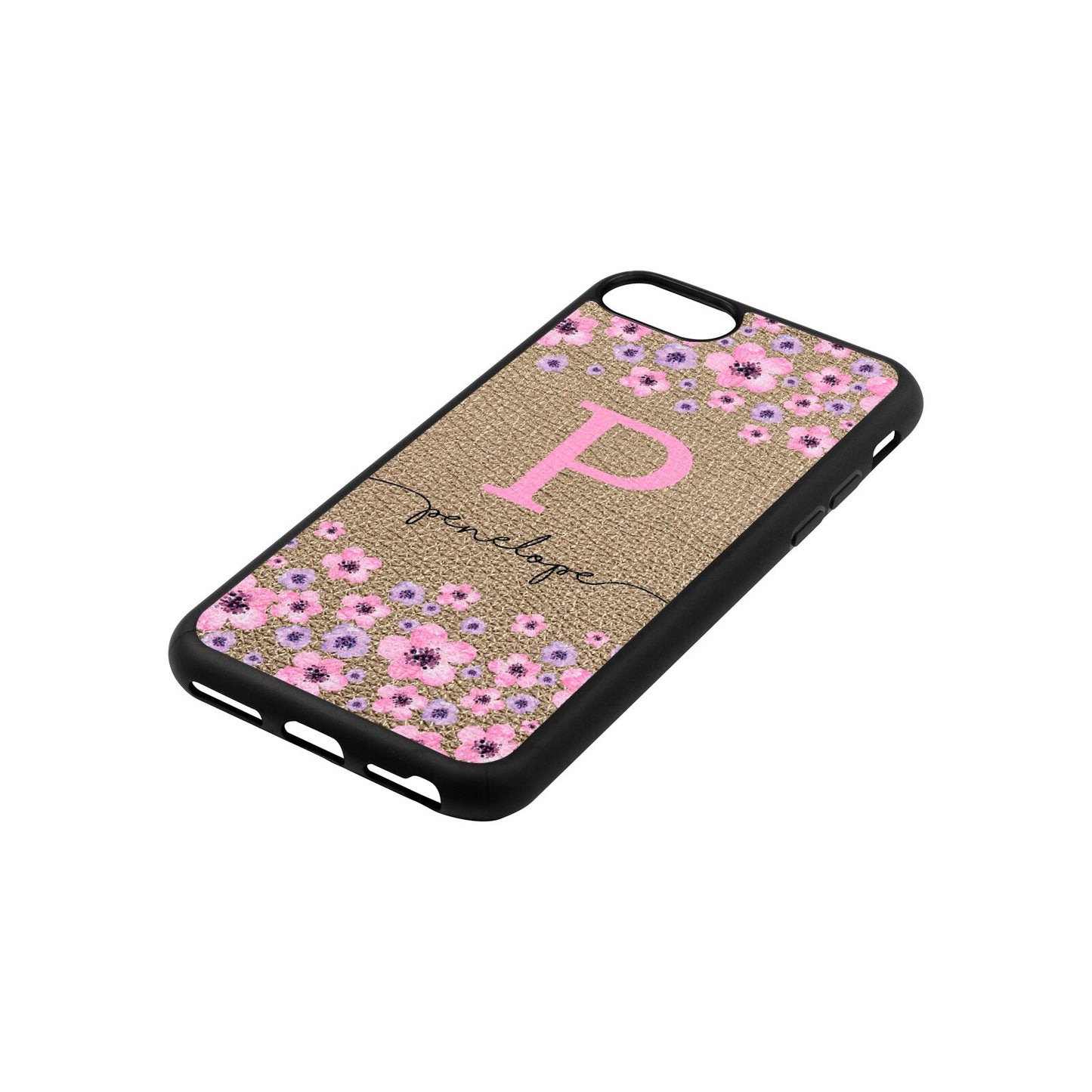Personalised Pink Floral Gold Pebble Leather iPhone 8 Case Side Angle