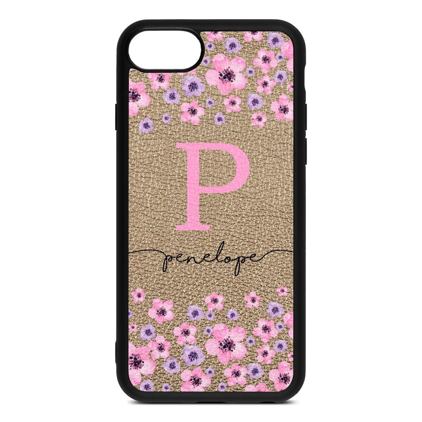 Personalised Pink Floral Gold Pebble Leather iPhone 8 Case