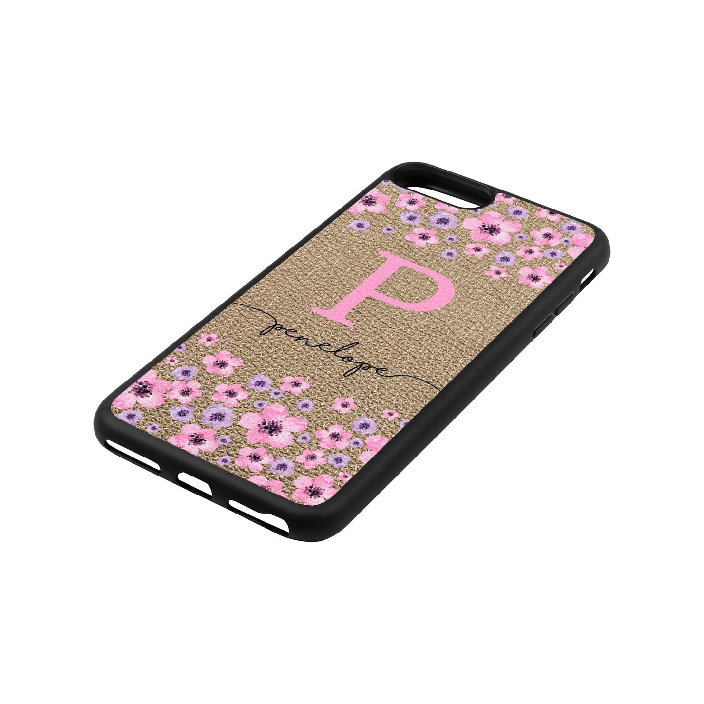 Personalised Pink Floral Gold Pebble Leather iPhone 8 Plus Case Side Angle