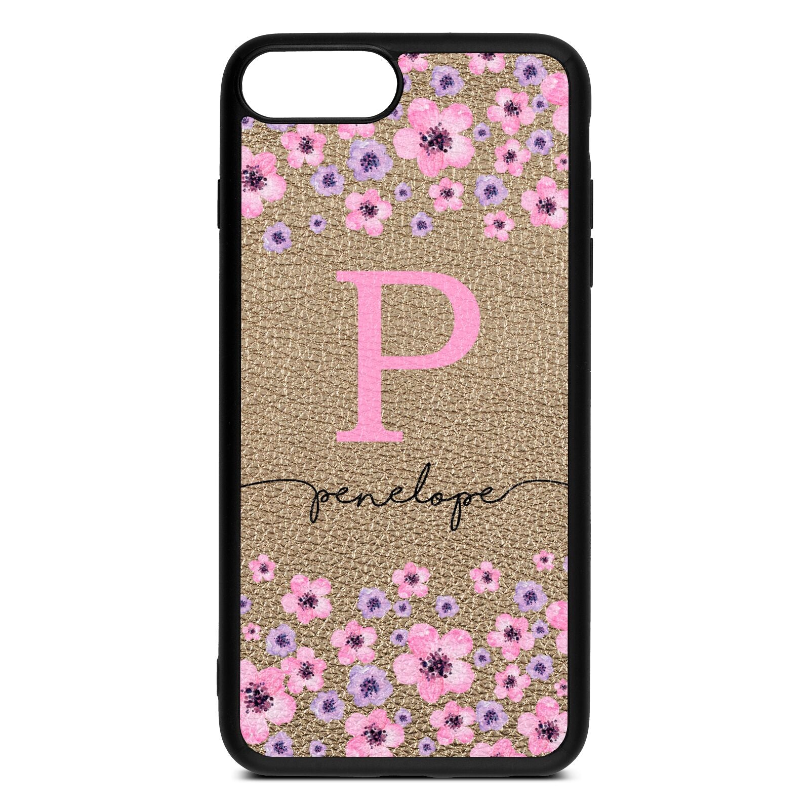 Personalised Pink Floral Gold Pebble Leather iPhone 8 Plus Case