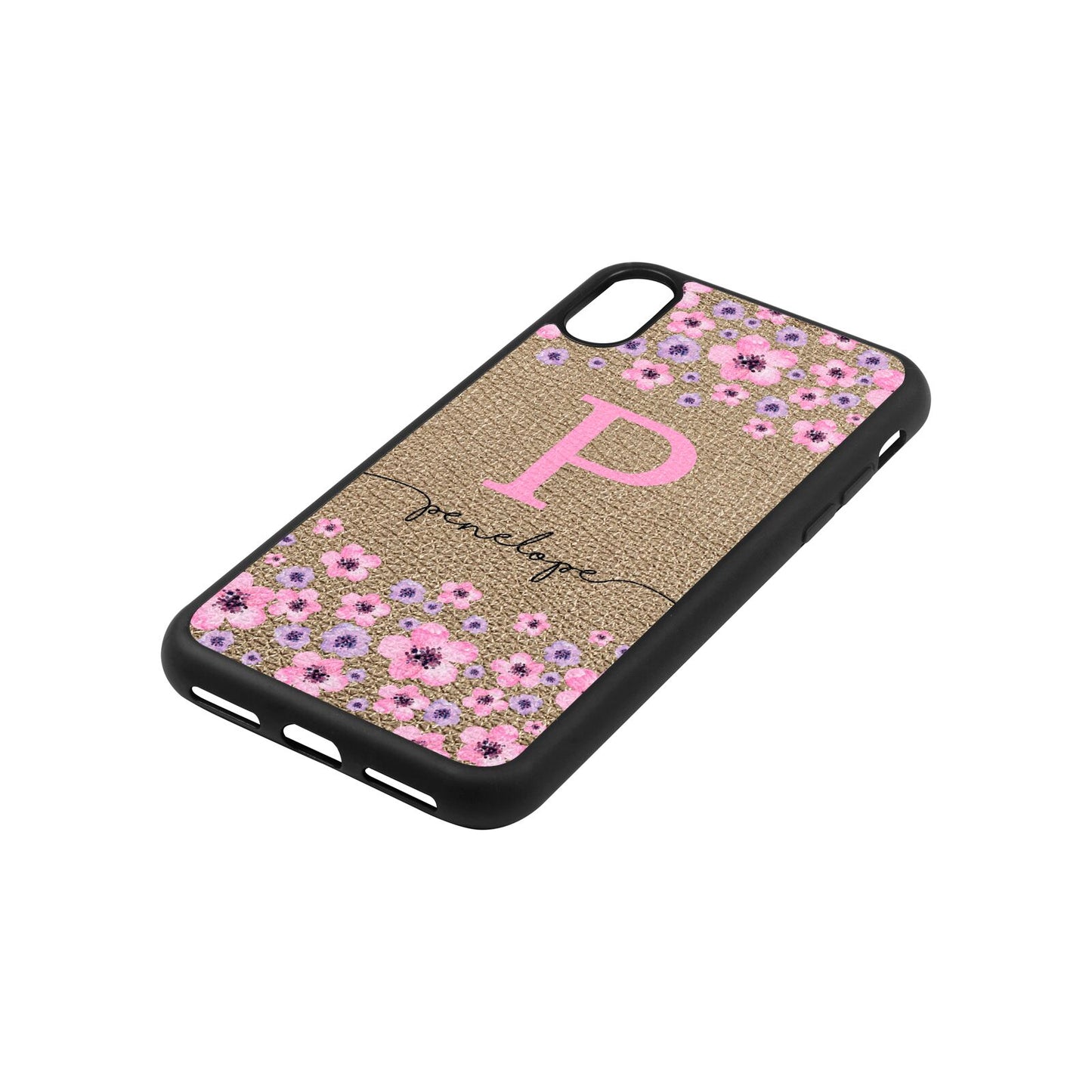 Personalised Pink Floral Gold Pebble Leather iPhone Xs Case Side Angle