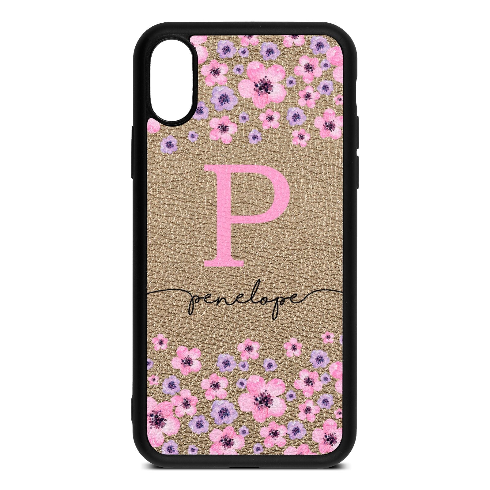 Personalised Pink Floral Gold Pebble Leather iPhone Xs Case