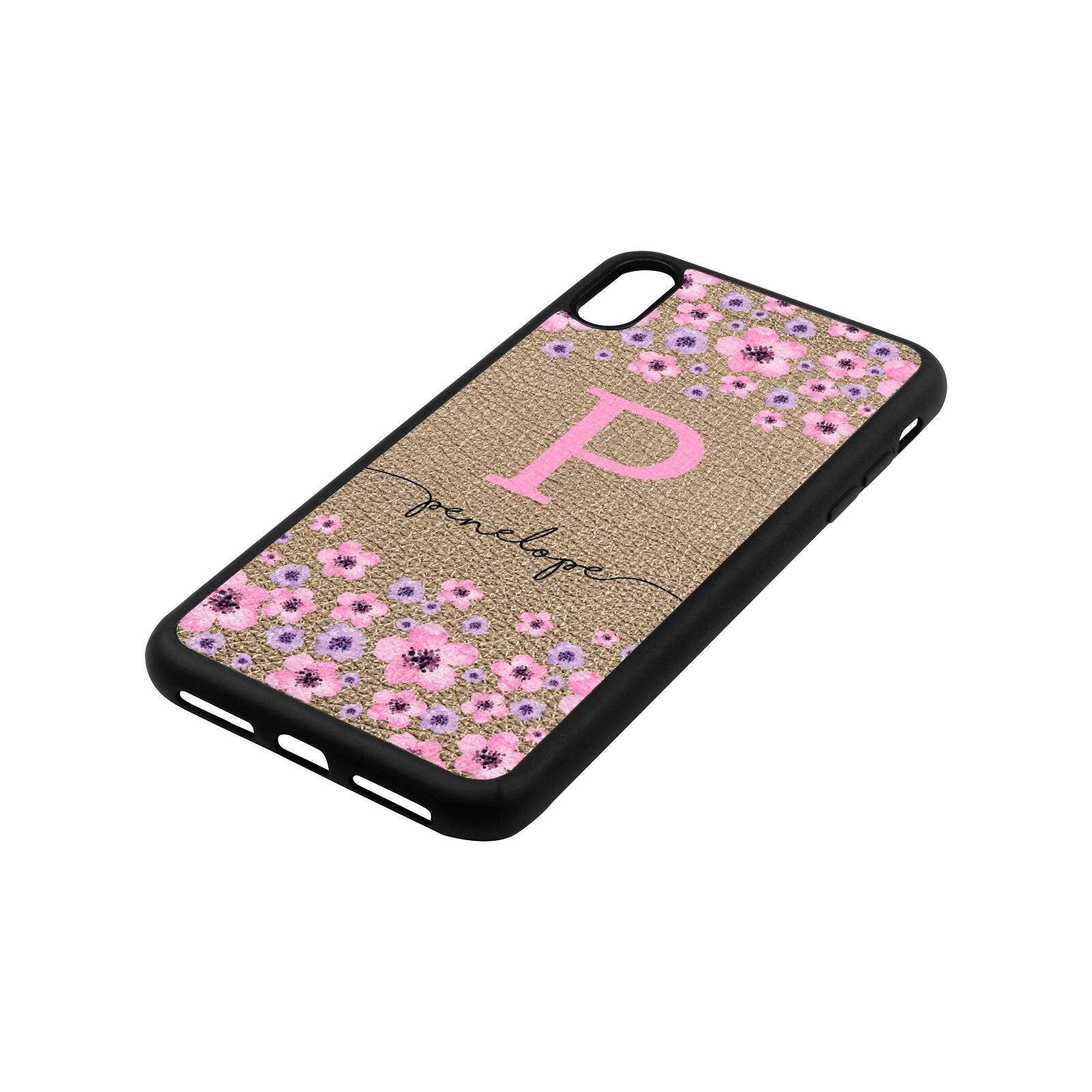 Personalised Pink Floral Gold Pebble Leather iPhone Xs Max Case Side Angle