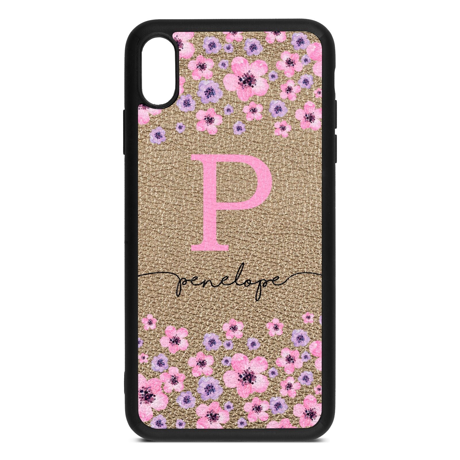 Personalised Pink Floral Gold Pebble Leather iPhone Xs Max Case