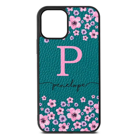 Personalised Pink Floral Green Pebble Leather iPhone 12 Case