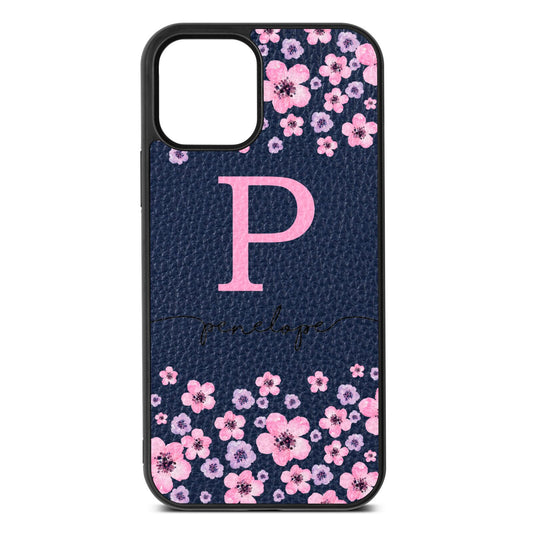 Personalised Pink Floral Navy Blue Pebble Leather iPhone 12 Case