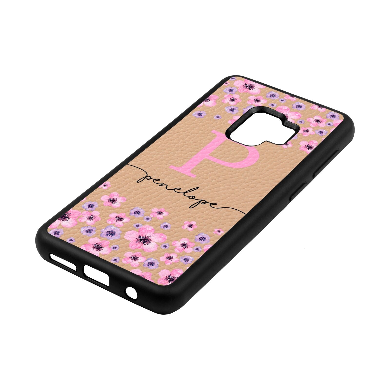 Personalised Pink Floral Nude Pebble Leather Samsung S9 Case Side Angle