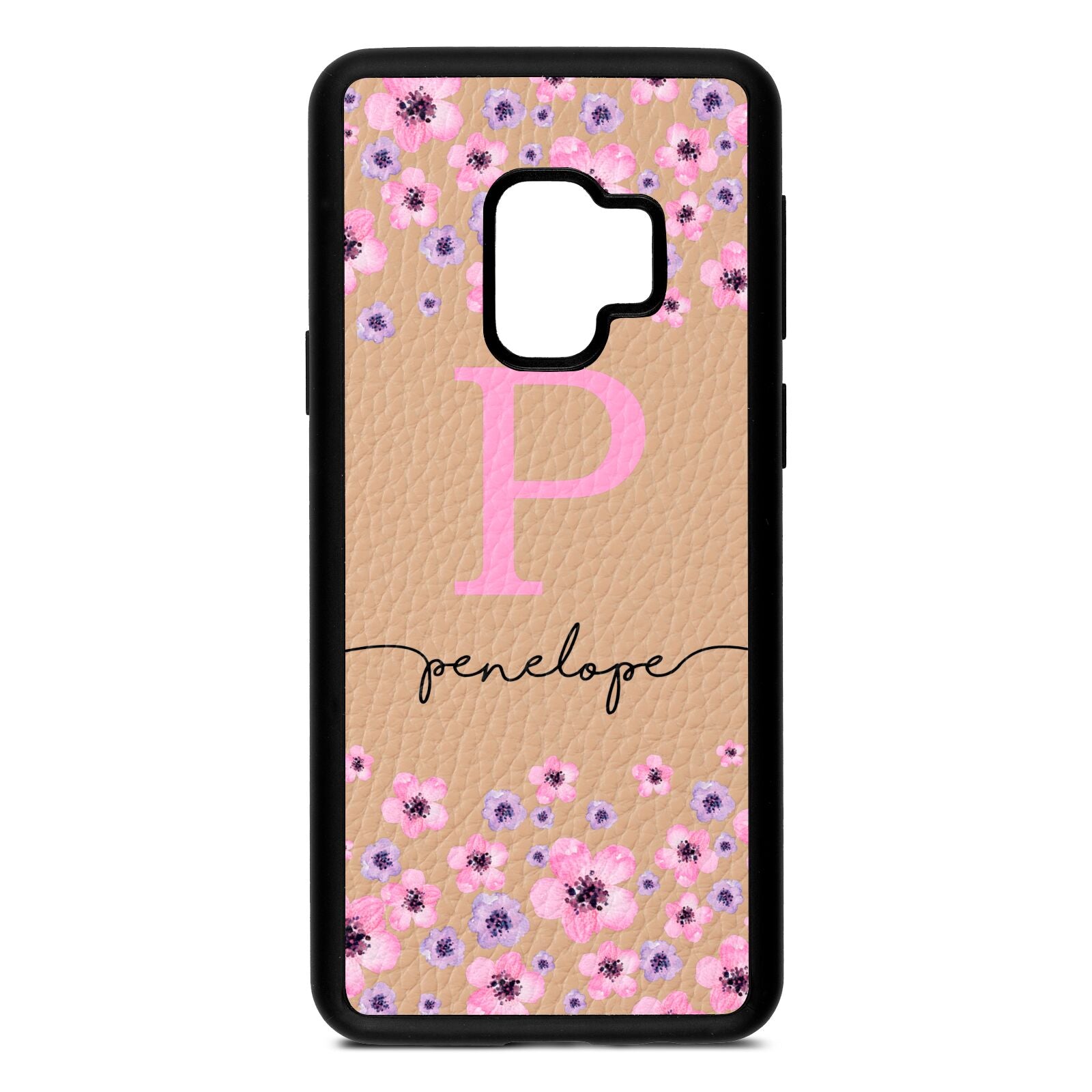 Personalised Pink Floral Nude Pebble Leather Samsung S9 Case