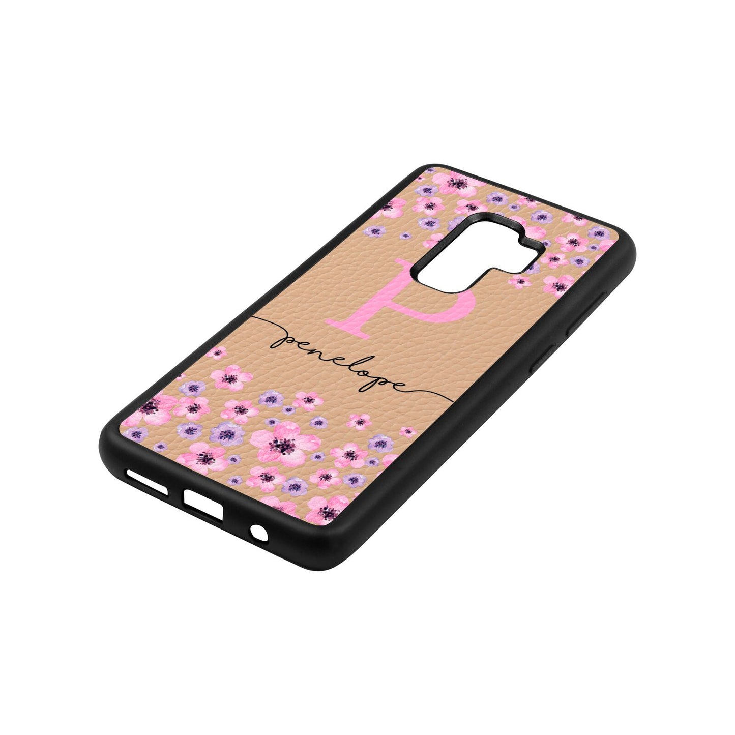 Personalised Pink Floral Nude Pebble Leather Samsung S9 Plus Case Side Angle