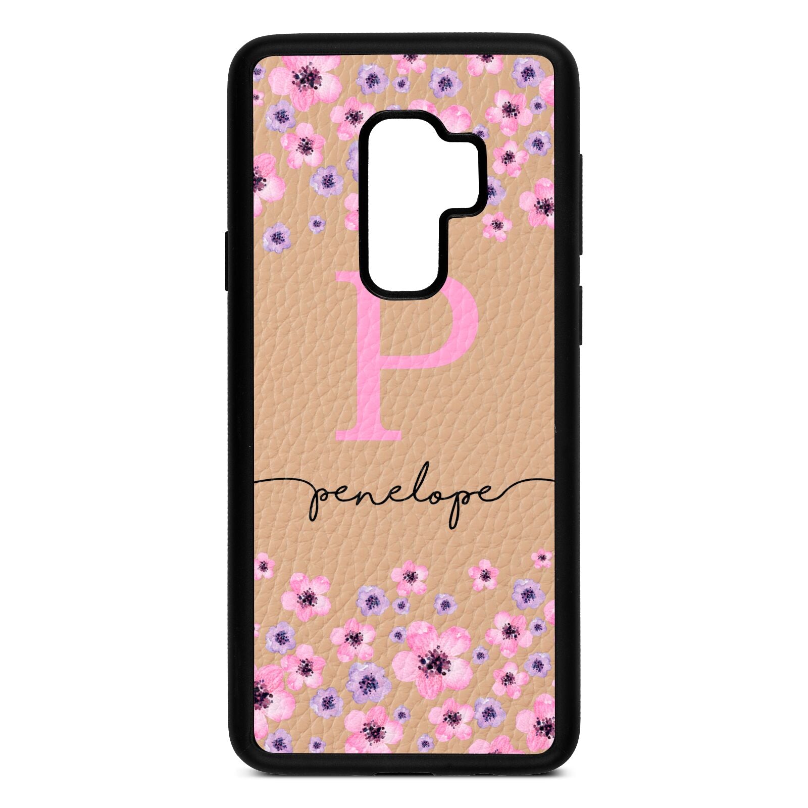 Personalised Pink Floral Nude Pebble Leather Samsung S9 Plus Case