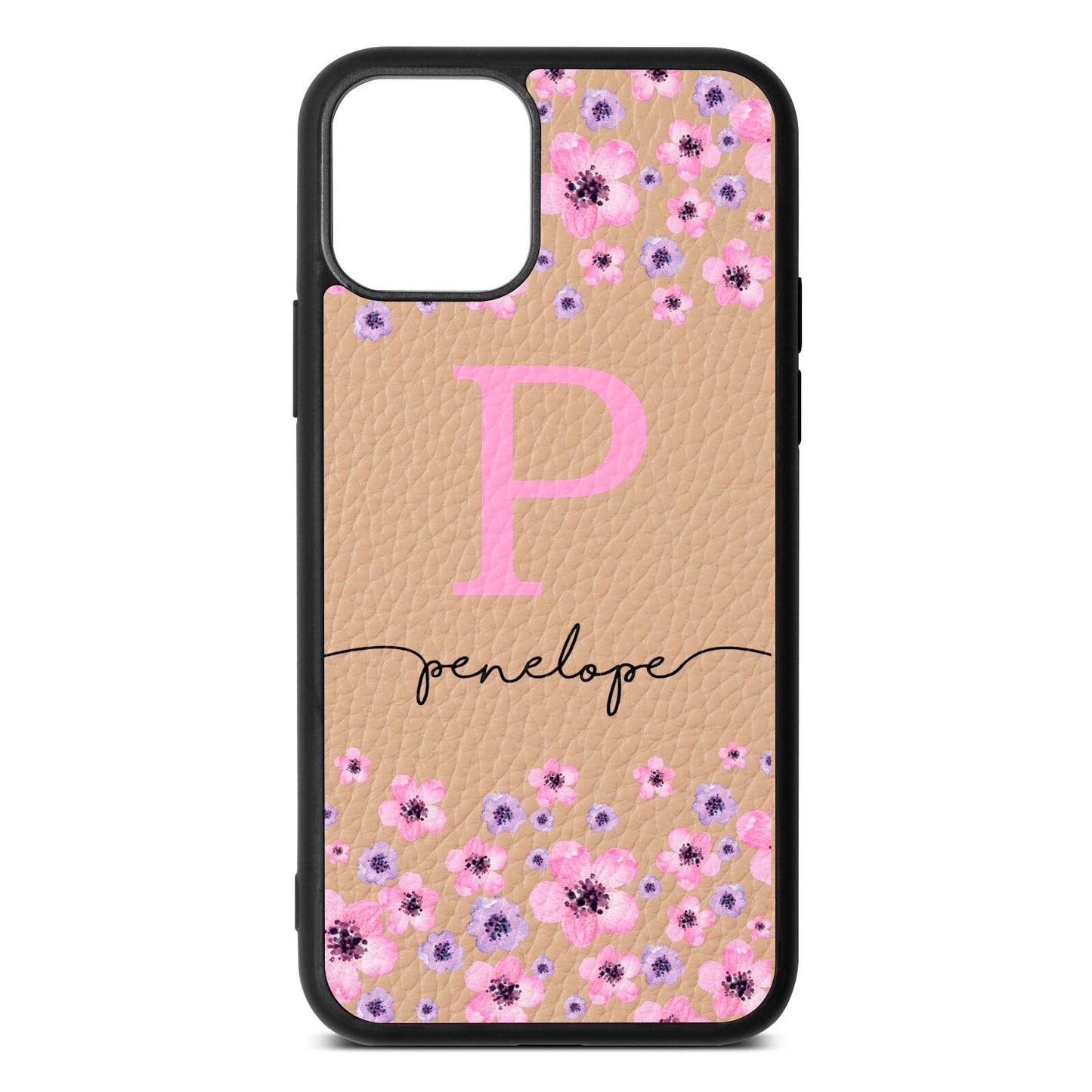 Personalised Pink Floral Nude Pebble Leather iPhone 11 Case