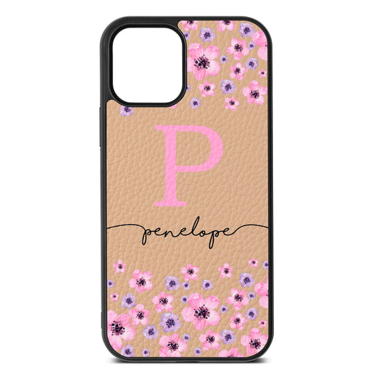 Personalised Pink Floral Nude Pebble Leather iPhone 12 Case