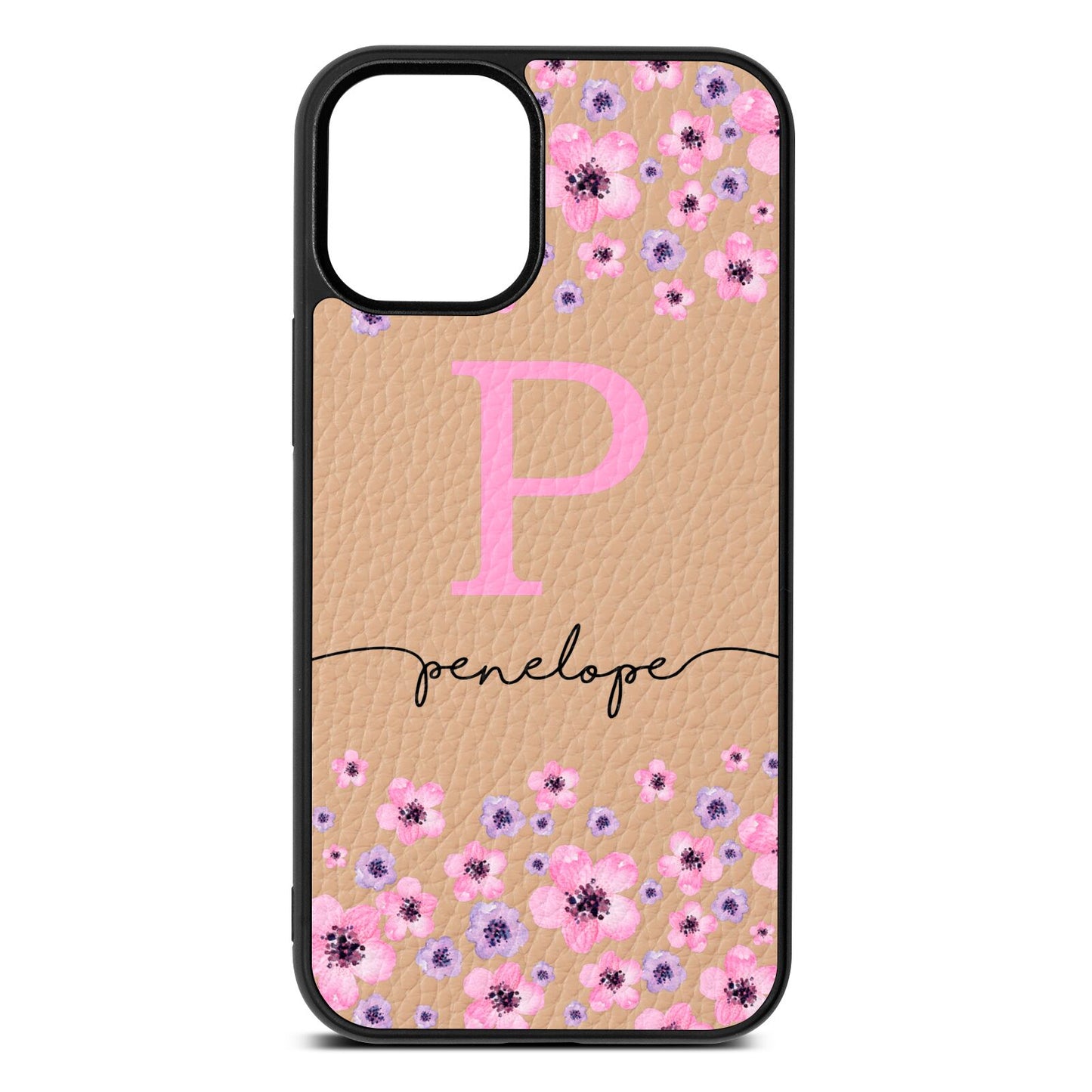 Personalised Pink Floral Nude Pebble Leather iPhone 12 Mini Case