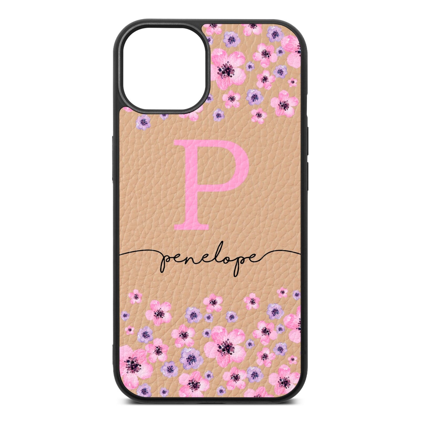Personalised Pink Floral Nude Pebble Leather iPhone 13 Case