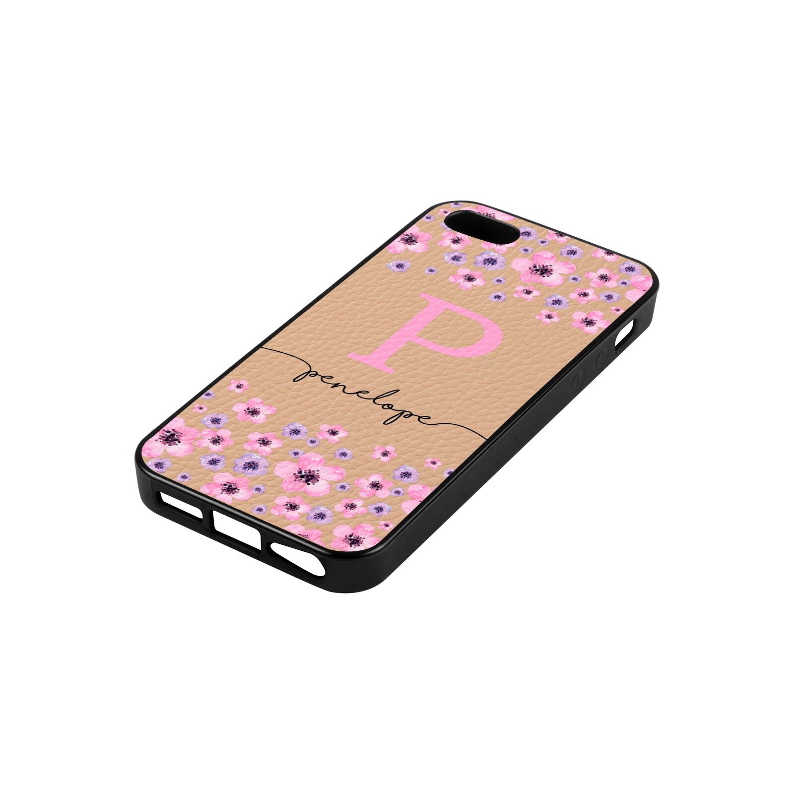 Personalised Pink Floral Nude Pebble Leather iPhone 5 Case Side Angle