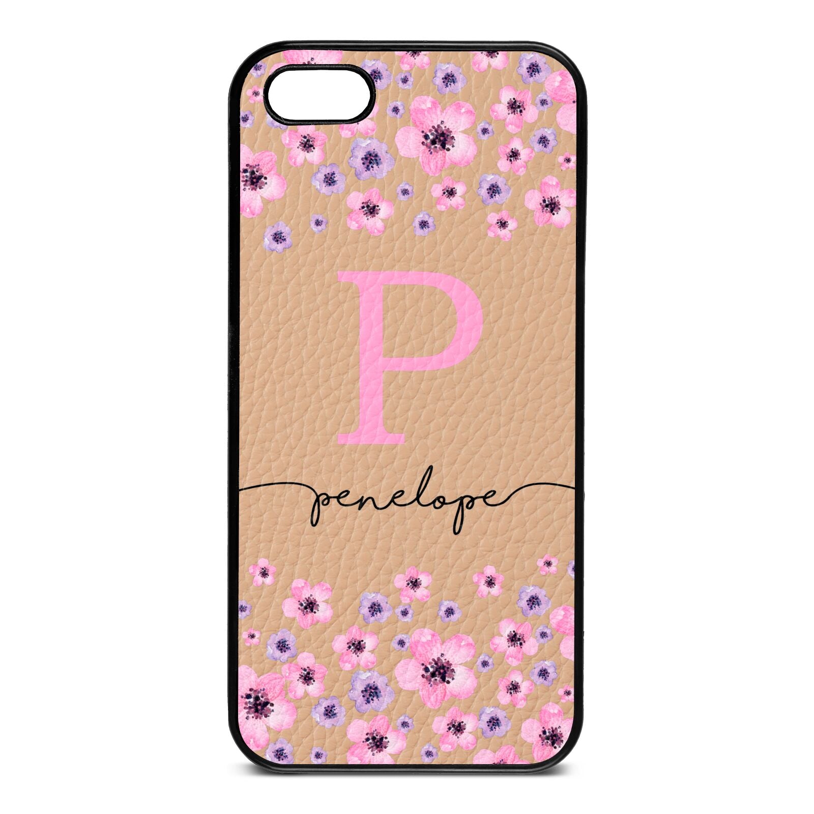 Personalised Pink Floral Nude Pebble Leather iPhone 5 Case