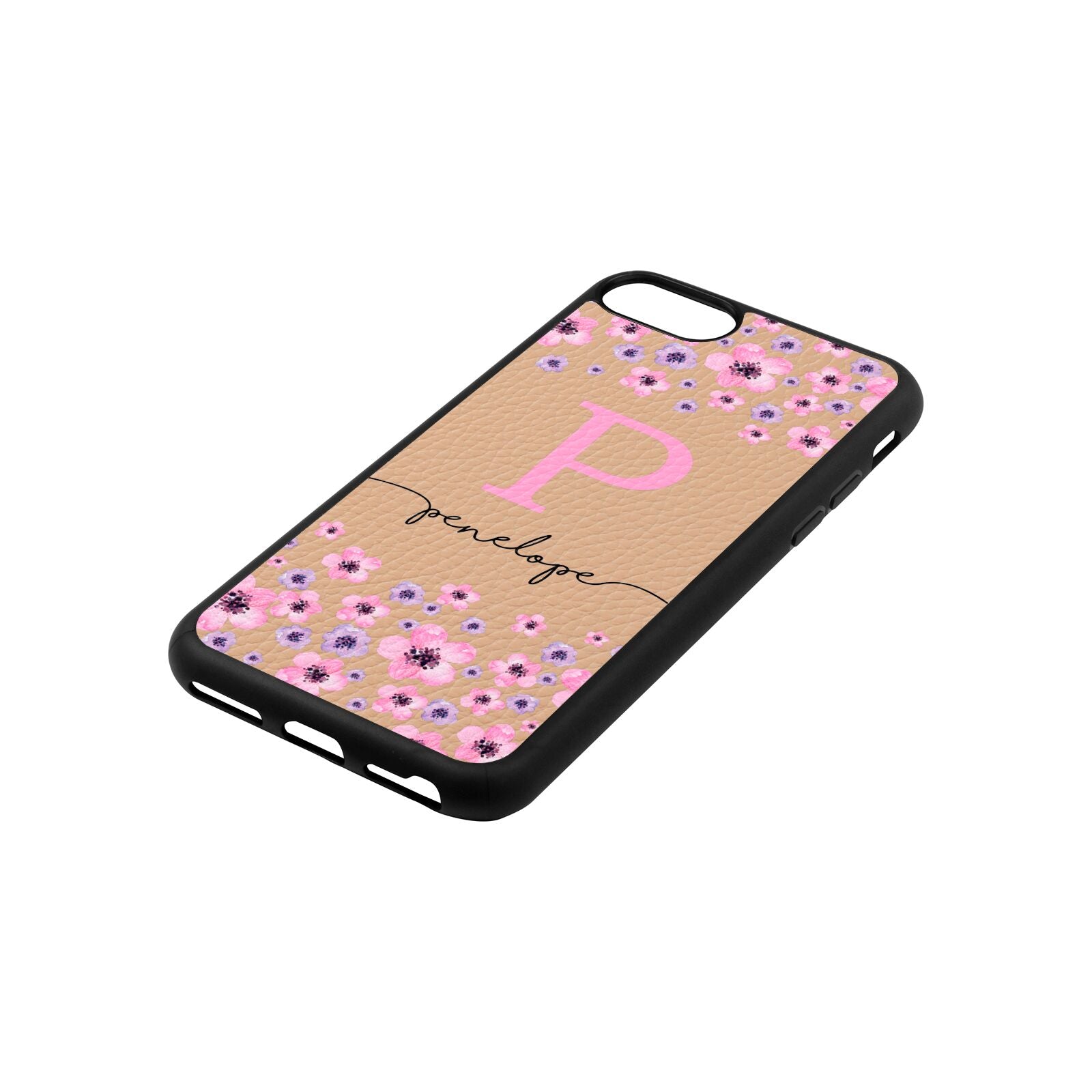 Personalised Pink Floral Nude Pebble Leather iPhone 8 Case Side Angle