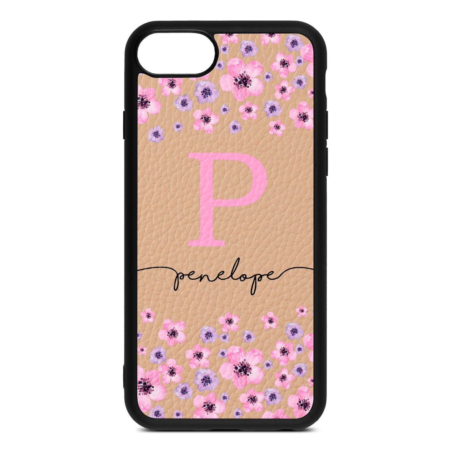 Personalised Pink Floral Nude Pebble Leather iPhone 8 Case