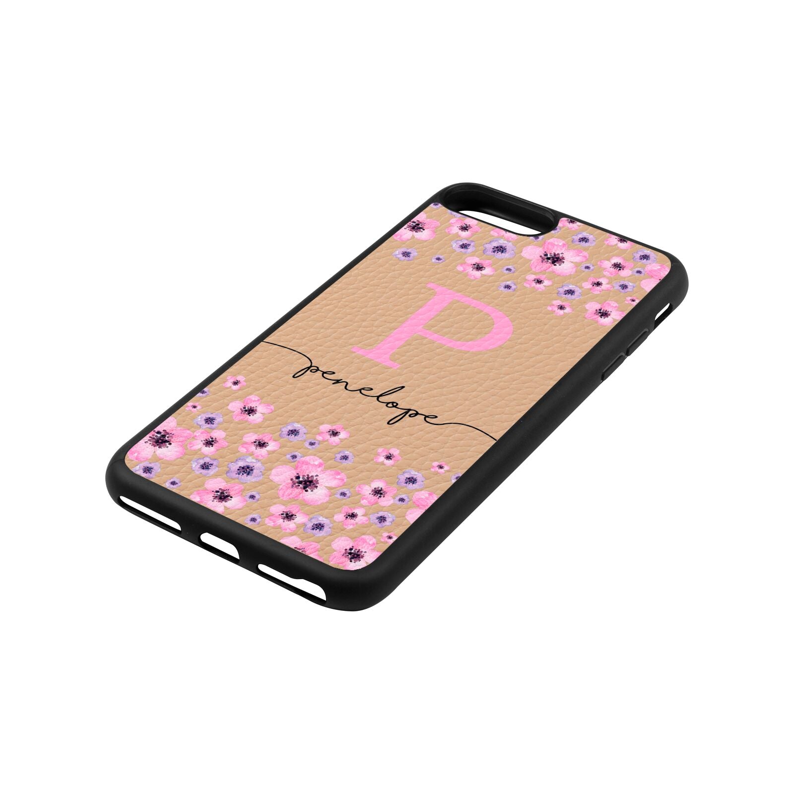 Personalised Pink Floral Nude Pebble Leather iPhone 8 Plus Case Side Angle