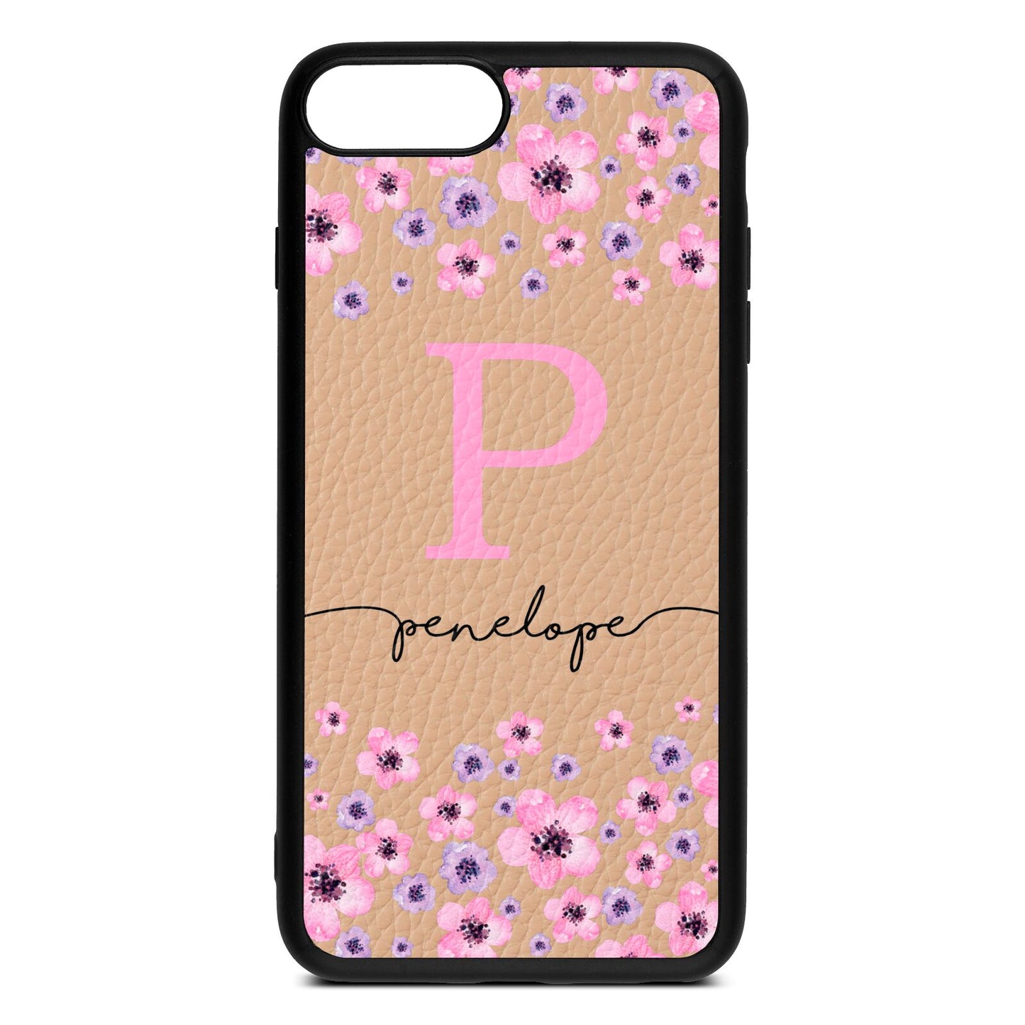 Personalised Pink Floral Nude Pebble Leather iPhone 8 Plus Case