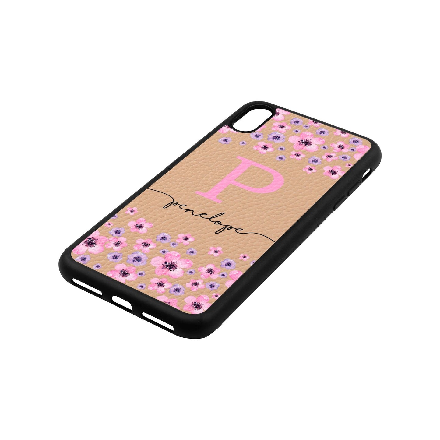 Personalised Pink Floral Nude Pebble Leather iPhone Xs Max Case Side Angle