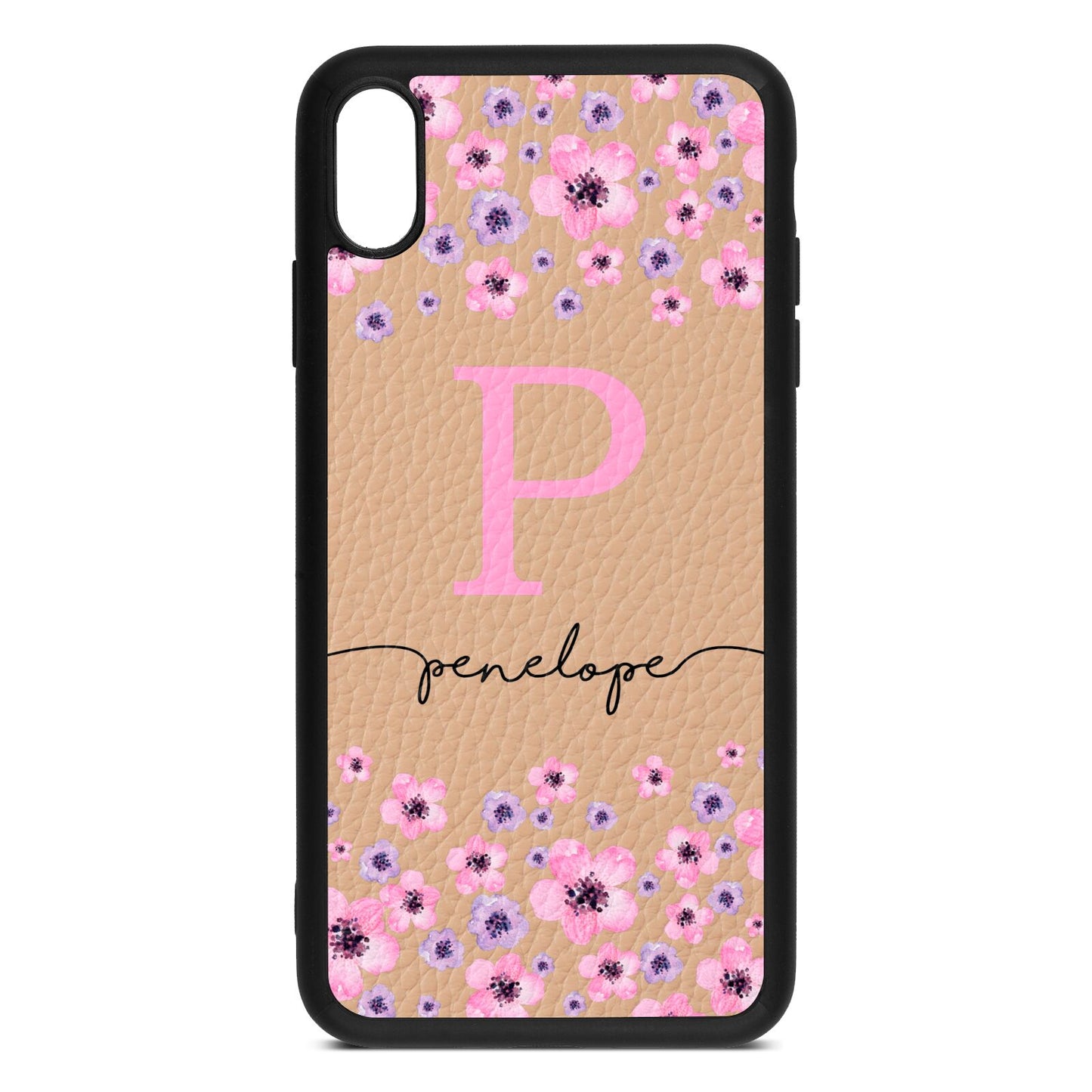 Personalised Pink Floral Nude Pebble Leather iPhone Xs Max Case