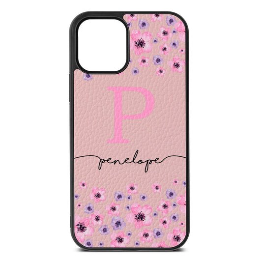 Personalised Pink Floral Pink Pebble Leather iPhone 12 Case