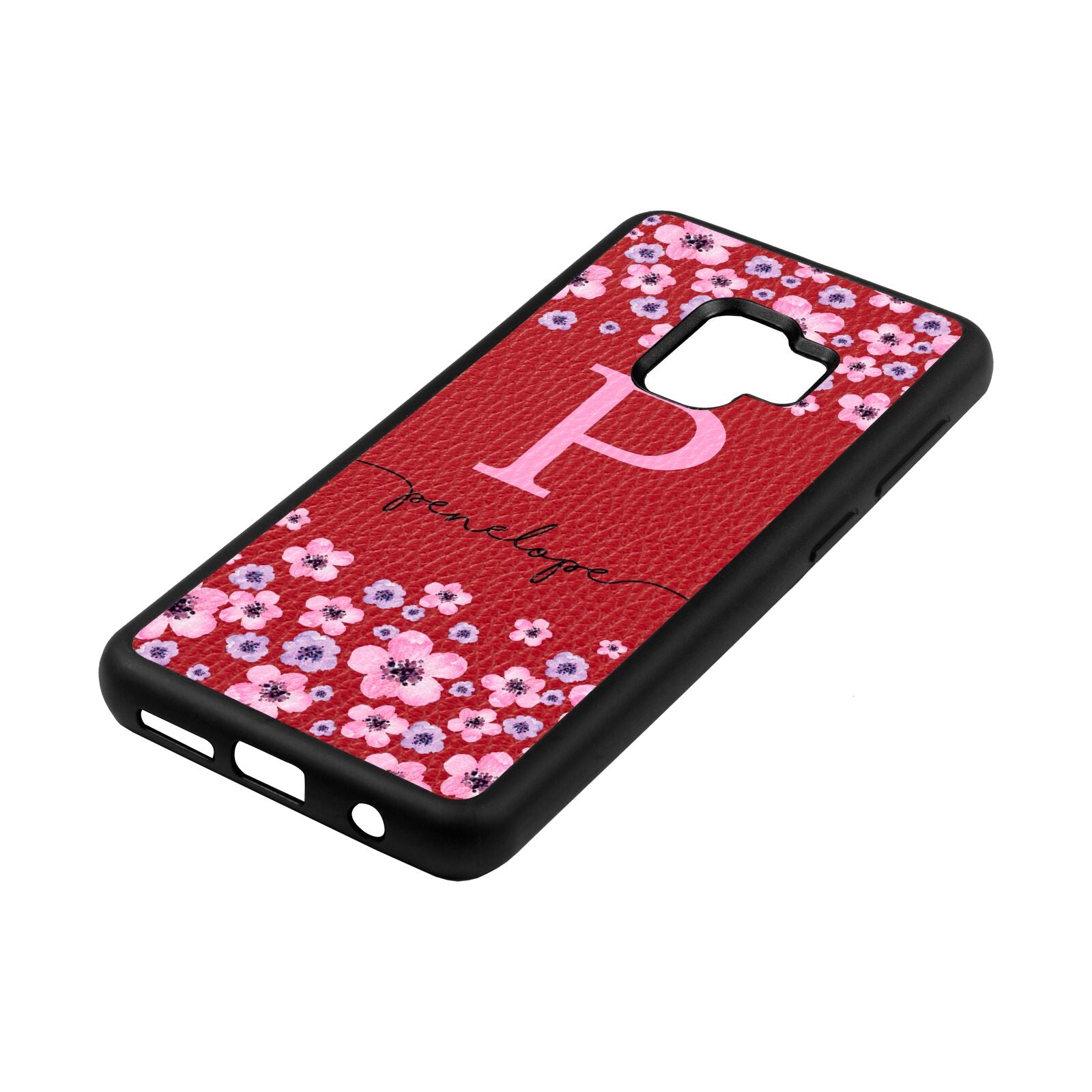 Personalised Pink Floral Red Pebble Leather Samsung S9 Case Side Angle