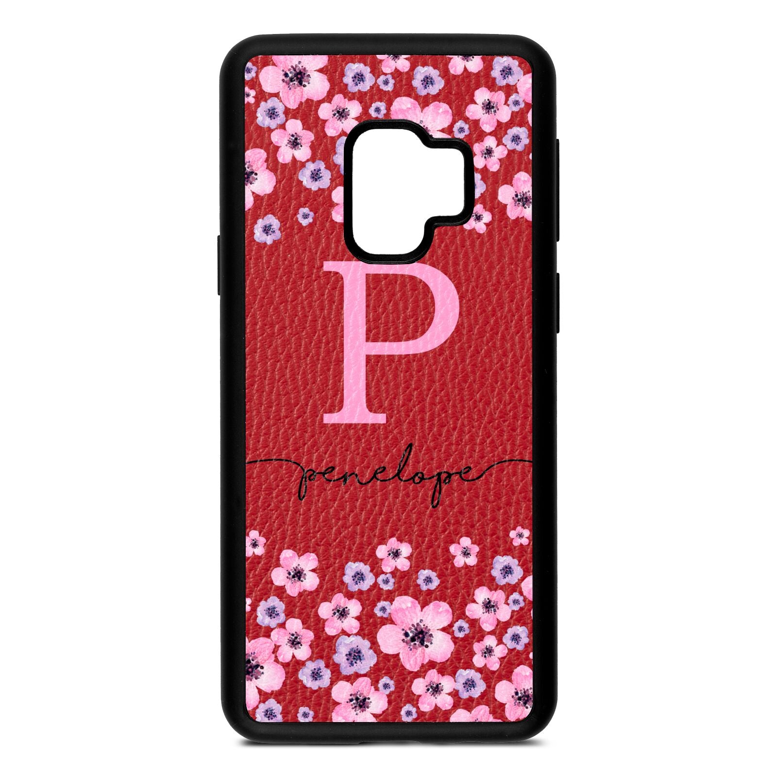 Personalised Pink Floral Red Pebble Leather Samsung S9 Case