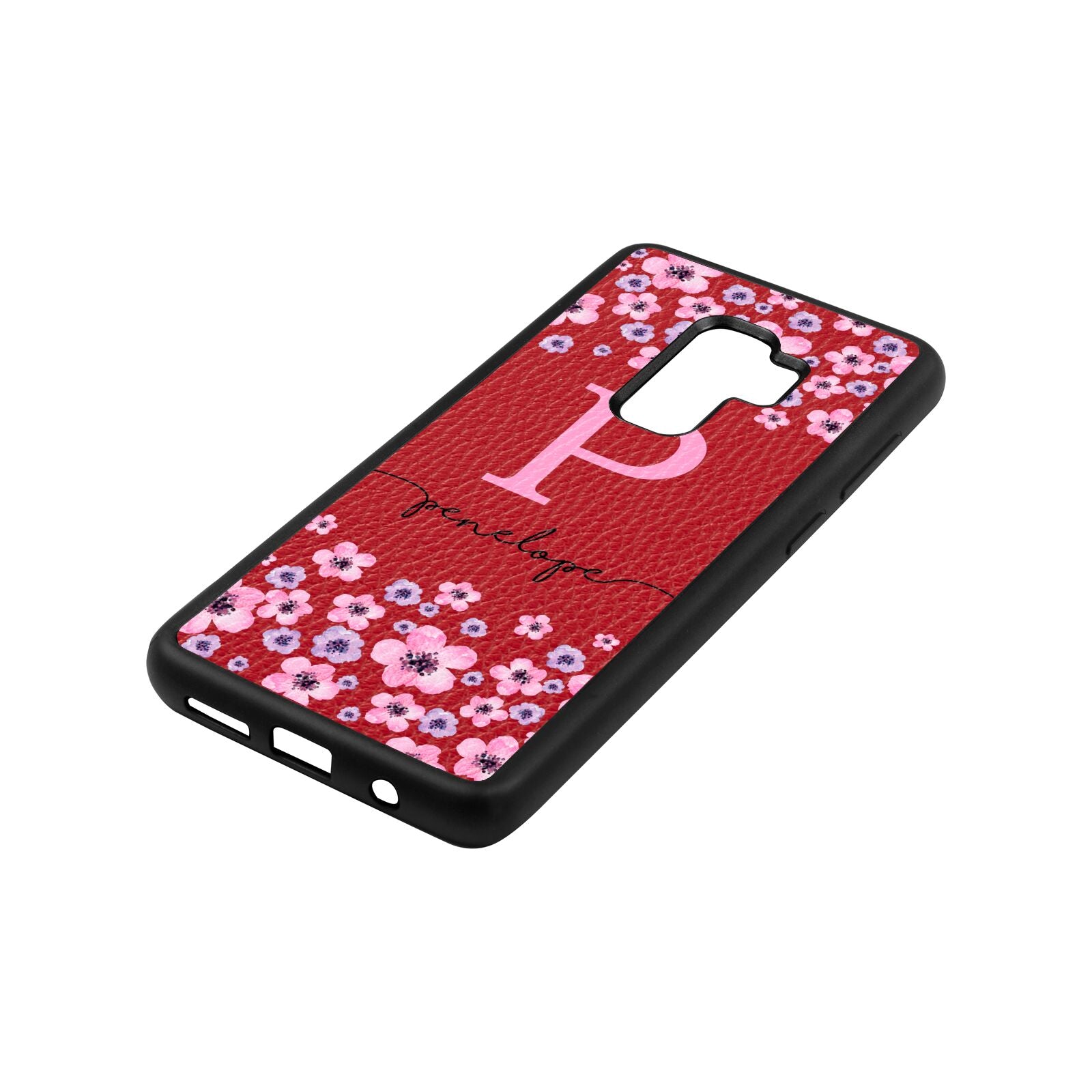 Personalised Pink Floral Red Pebble Leather Samsung S9 Plus Case Side Angle