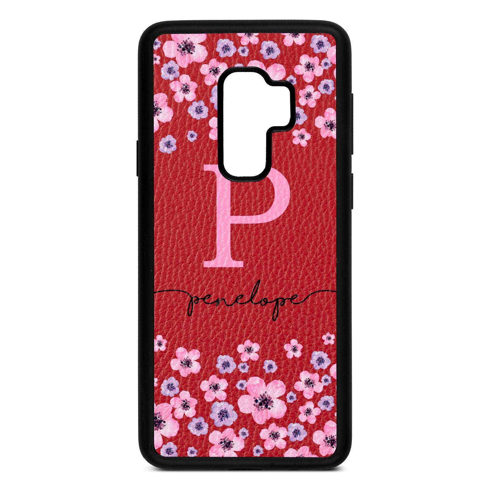 Personalised Pink Floral Red Pebble Leather Samsung S9 Plus Case