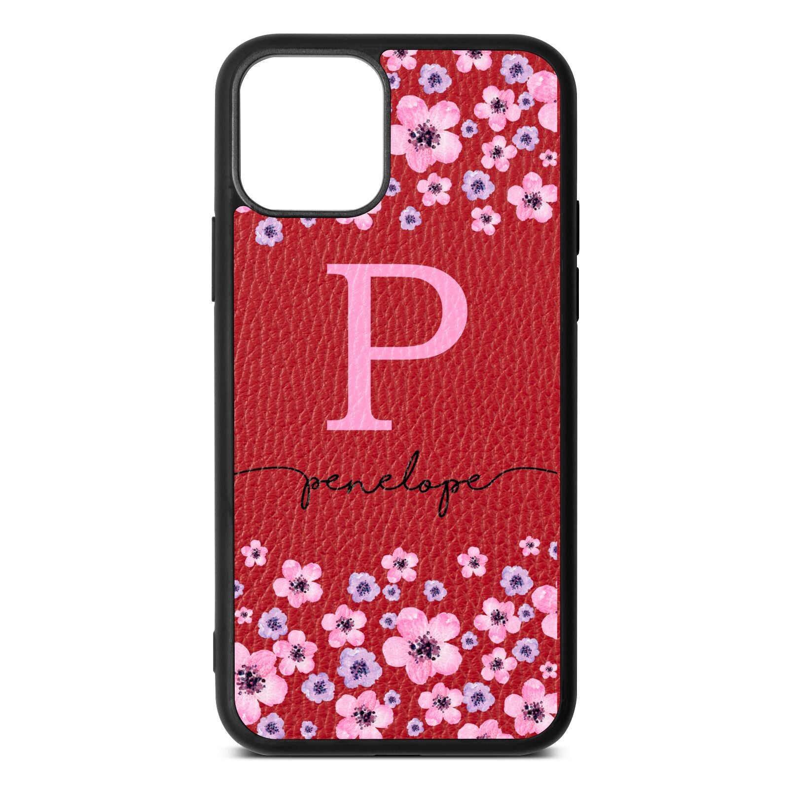 Personalised Pink Floral Red Pebble Leather iPhone 11 Case