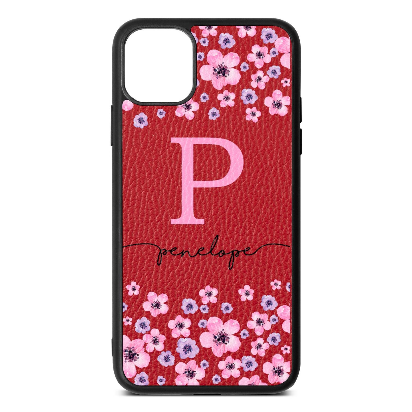 Personalised Pink Floral Red Pebble Leather iPhone 11 Pro Max Case