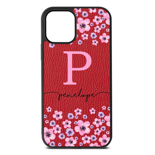 Personalised Pink Floral Red Pebble Leather iPhone 12 Case