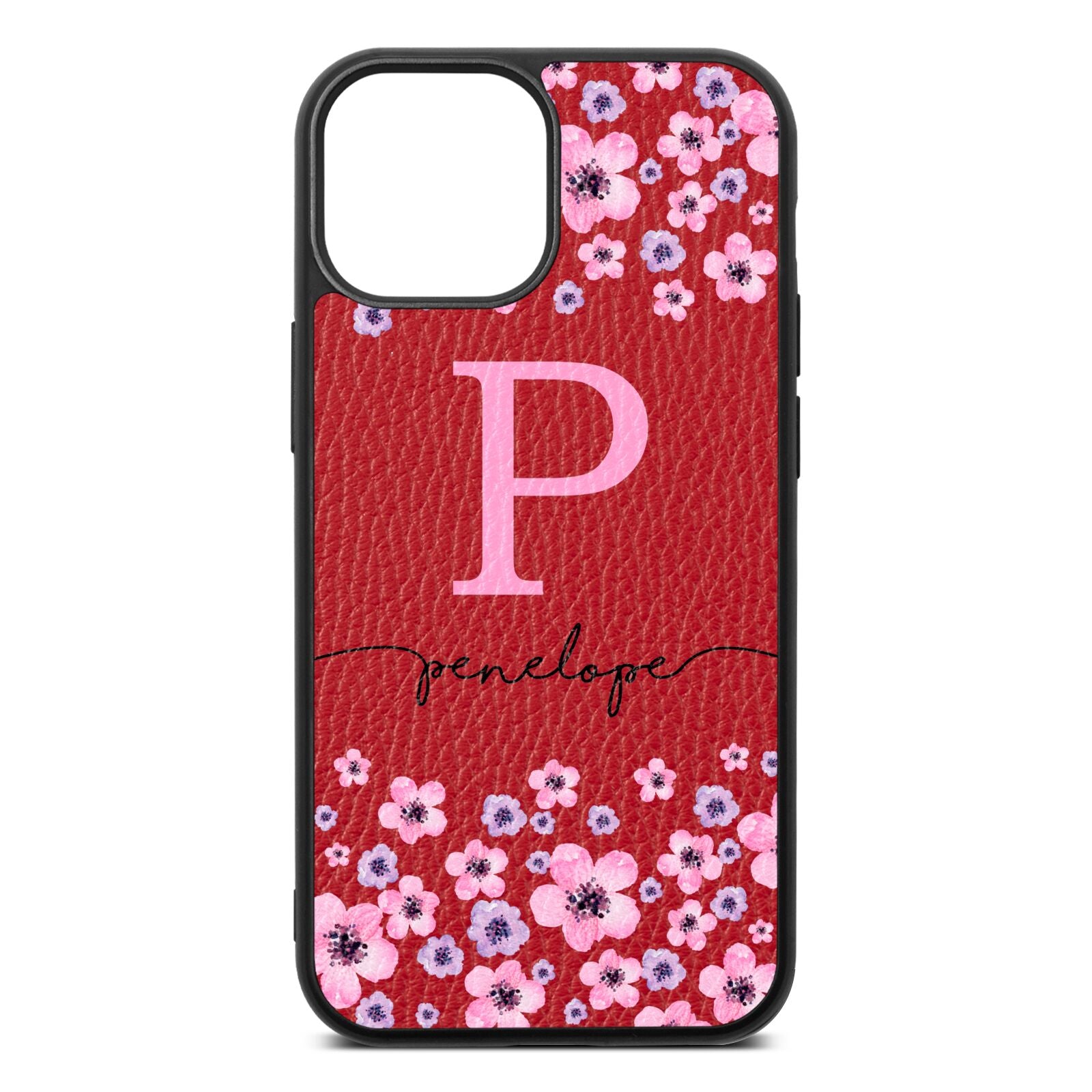 Personalised Pink Floral Red Pebble Leather iPhone 13 Mini Case