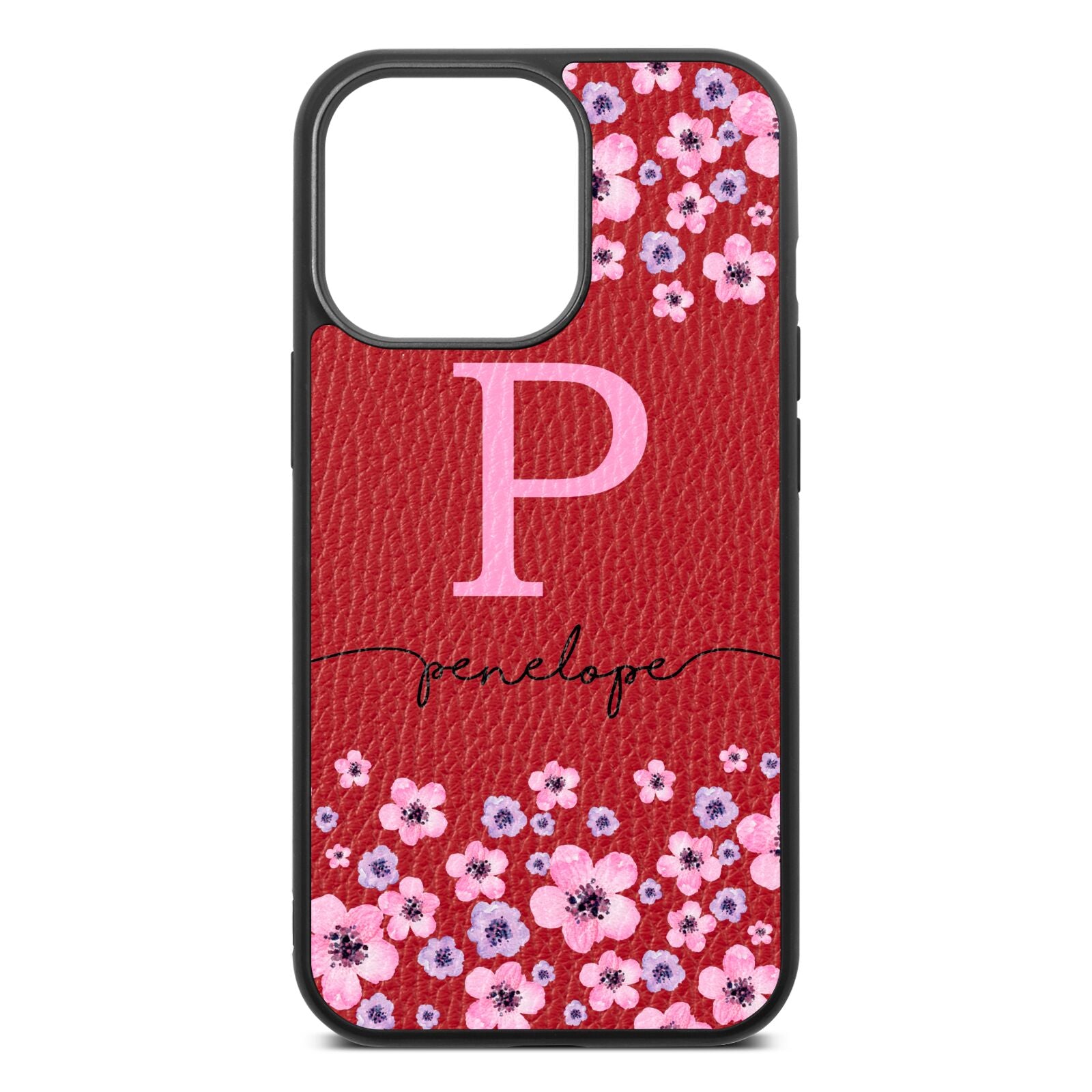 Personalised Pink Floral Red Pebble Leather iPhone 13 Pro Case