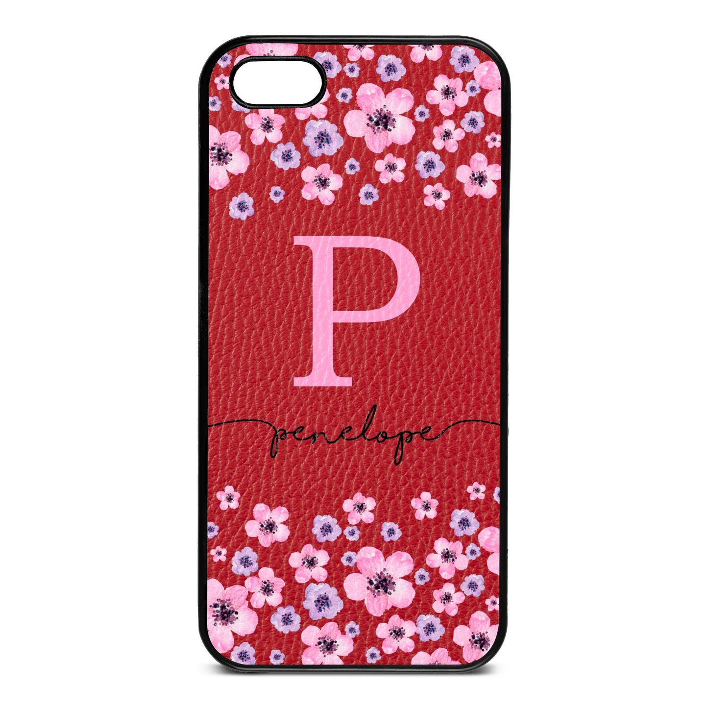 Personalised Pink Floral Red Pebble Leather iPhone 5 Case