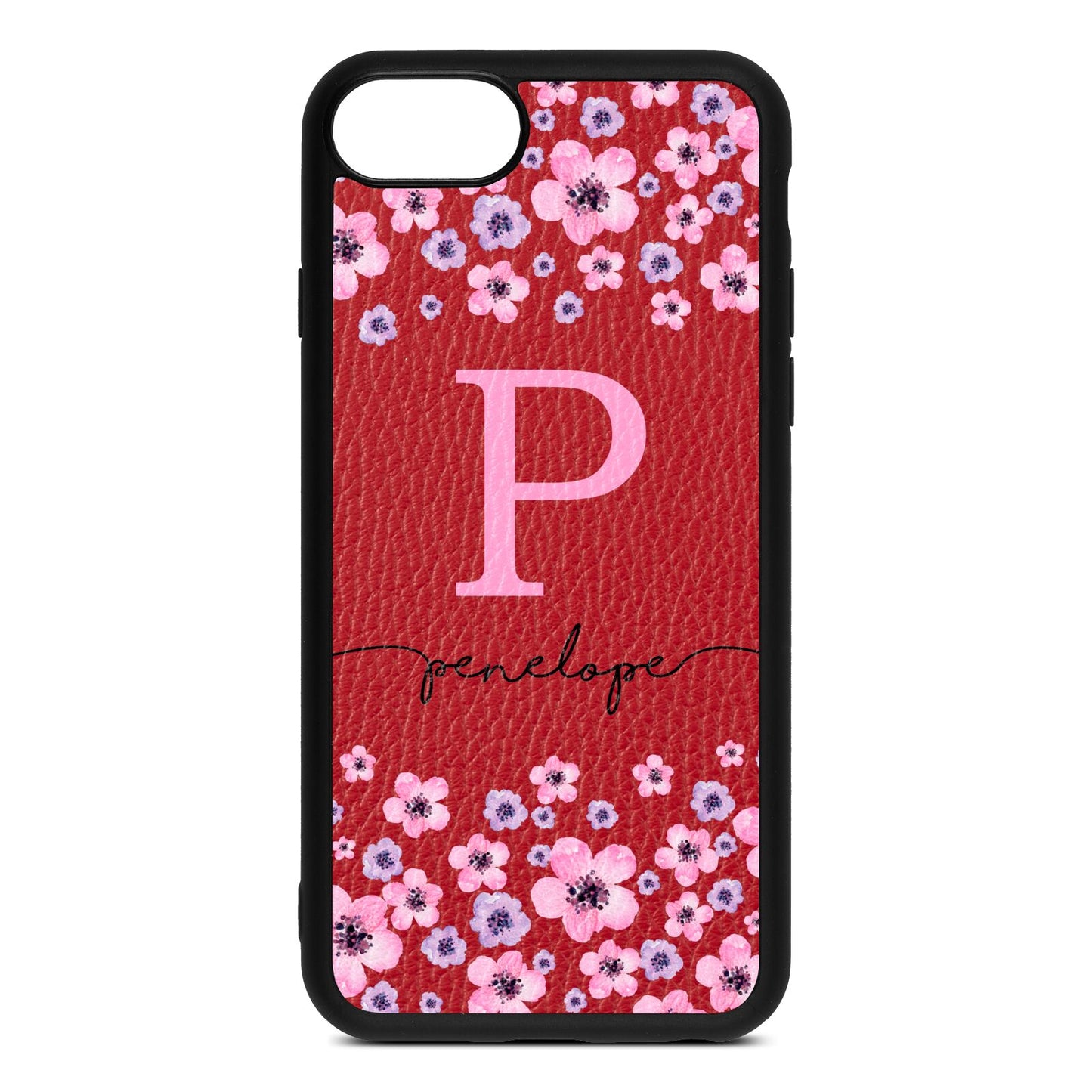 Personalised Pink Floral Red Pebble Leather iPhone 8 Case