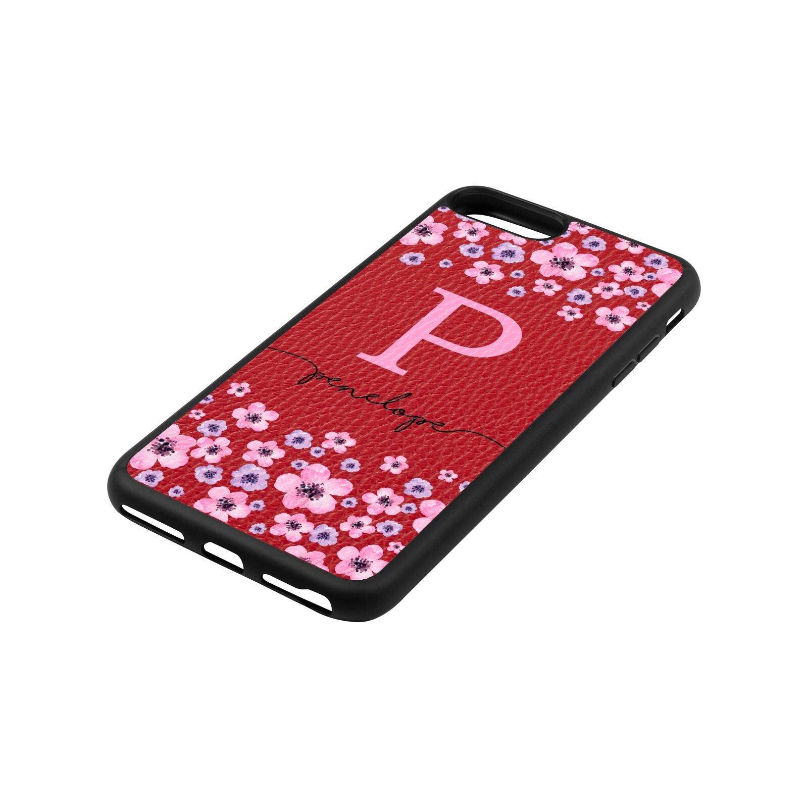 Personalised Pink Floral Red Pebble Leather iPhone 8 Plus Case Side Angle