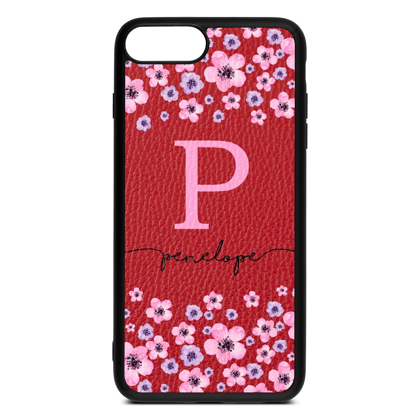 Personalised Pink Floral Red Pebble Leather iPhone 8 Plus Case