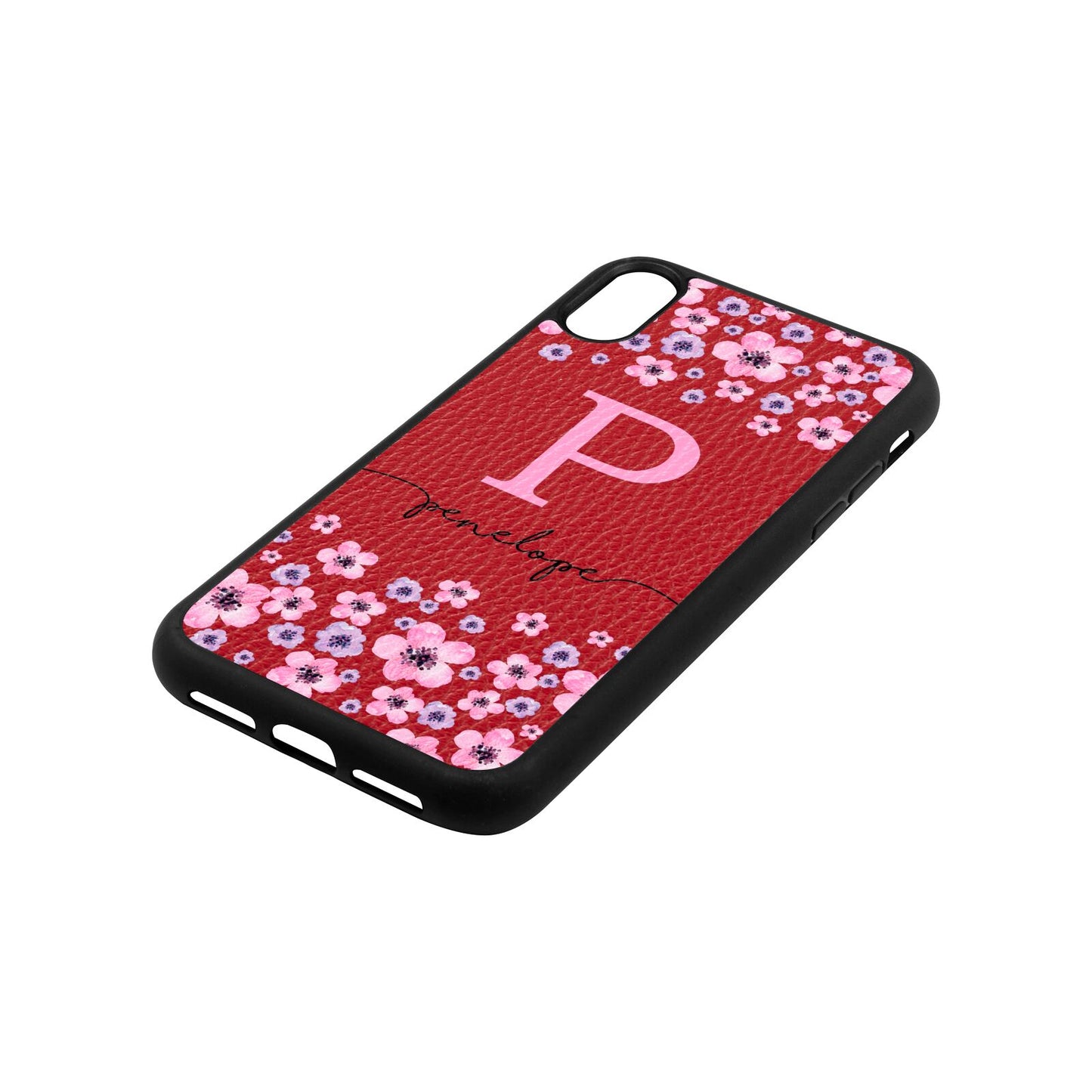 Personalised Pink Floral Red Pebble Leather iPhone Xr Case Side Angle